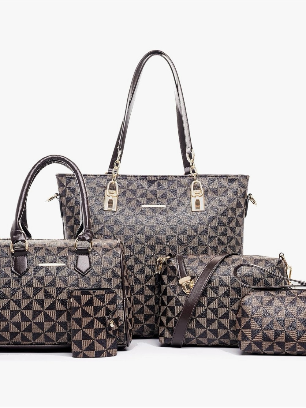 Women's Fashion 5-Piece Brown Plaid Satchel Handbag Set AT6